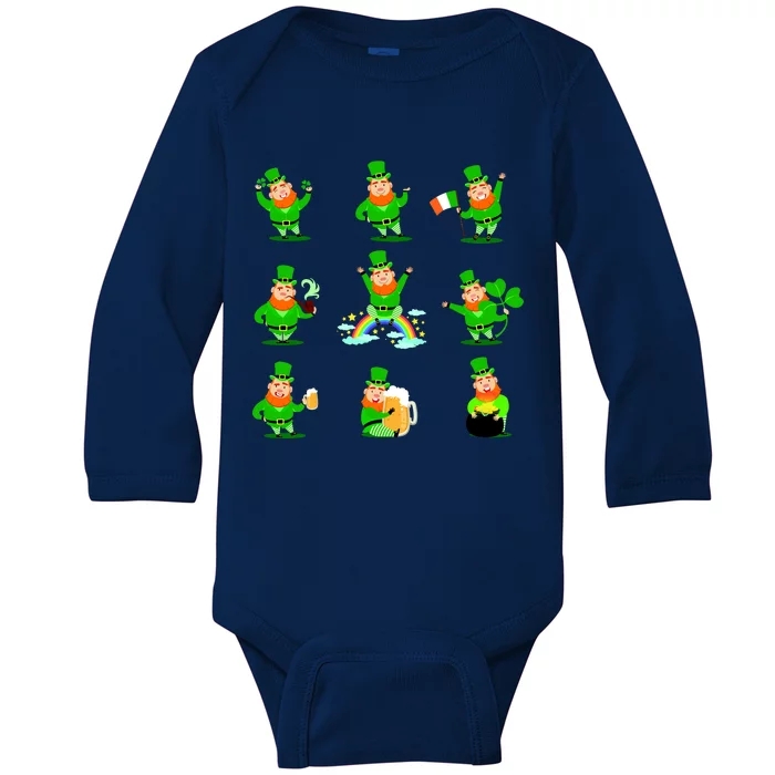 Funny St. Patrick's Day Shamrock Beer Leprechaun Emojis Baby Long Sleeve Bodysuit