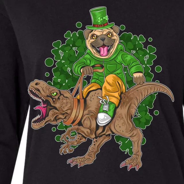 Funny St Patrick Pug On T-Rex Womens Cotton Relaxed Long Sleeve T-Shirt