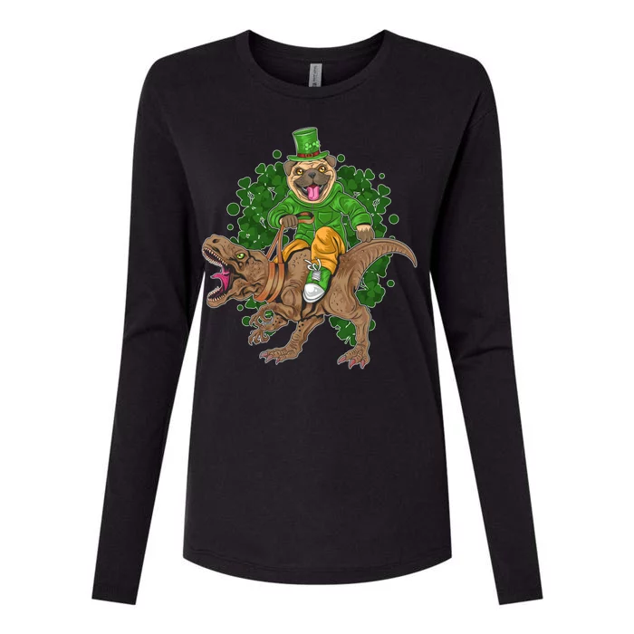 Funny St Patrick Pug On T-Rex Womens Cotton Relaxed Long Sleeve T-Shirt