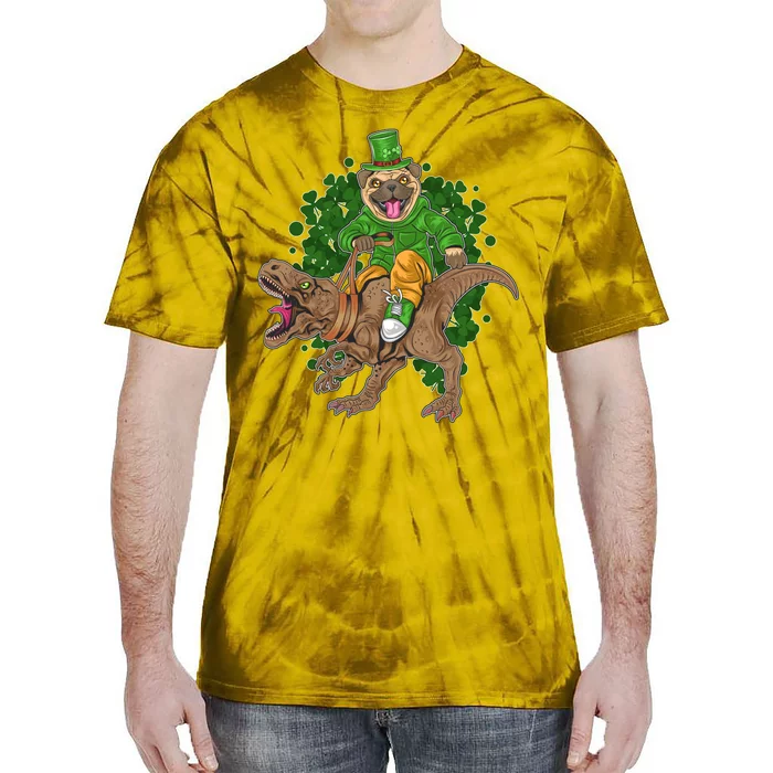 Funny St Patrick Pug On T-Rex Tie-Dye T-Shirt