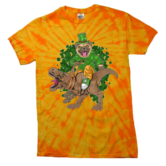 Funny St Patrick Pug On T-Rex Tie-Dye T-Shirt