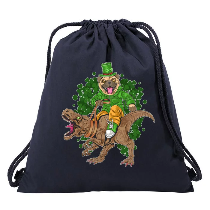 Funny St Patrick Pug On T-Rex Drawstring Bag