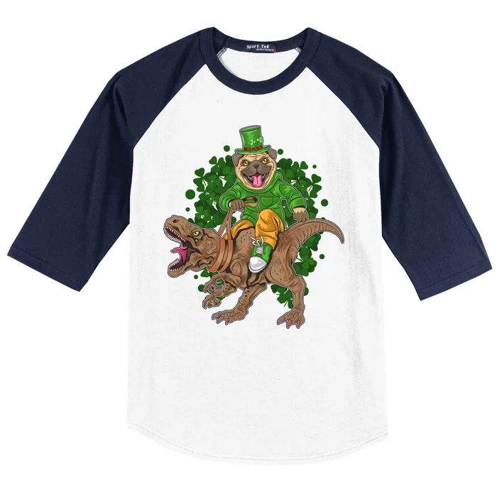 Funny St Patrick Pug On T-Rex Baseball Sleeve Shirt