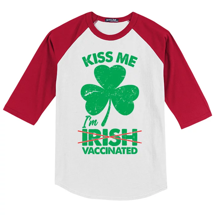 Funny St Patrick's Day Kiss Me I'm Irish Vaccinated Kids Colorblock Raglan Jersey