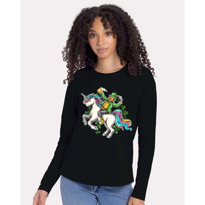 Funny St Patrick's Day Leprechaun Riding Unicorn Womens Cotton Relaxed Long Sleeve T-Shirt