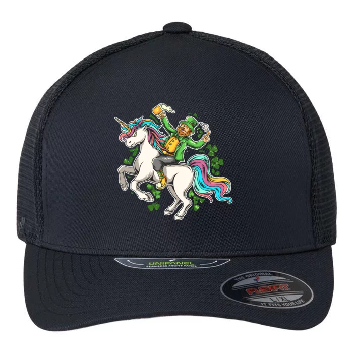 Funny St Patrick's Day Leprechaun Riding Unicorn Flexfit Unipanel Trucker Cap