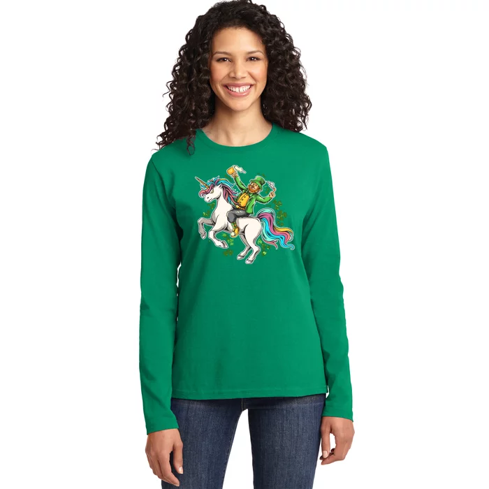 Funny St Patrick's Day Leprechaun Riding Unicorn Ladies Long Sleeve Shirt