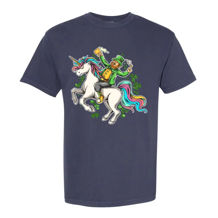 Funny St Patrick's Day Leprechaun Riding Unicorn Garment-Dyed Heavyweight T-Shirt