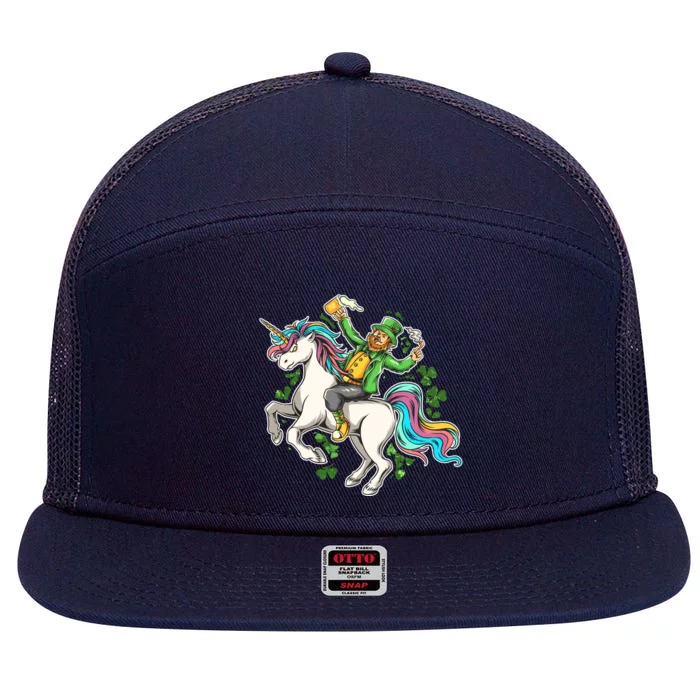 Funny St Patrick's Day Leprechaun Riding Unicorn 7 Panel Mesh Trucker Snapback Hat