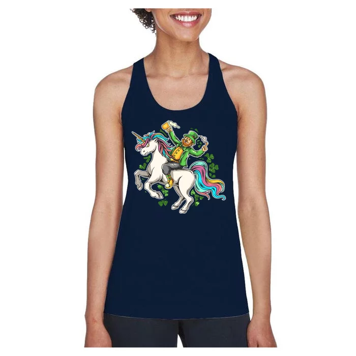 Funny St Patrick's Day Leprechaun Riding Unicorn Women's Racerback Tank