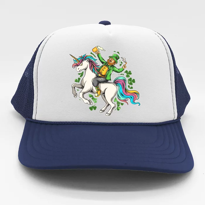 Funny St Patrick's Day Leprechaun Riding Unicorn Trucker Hat