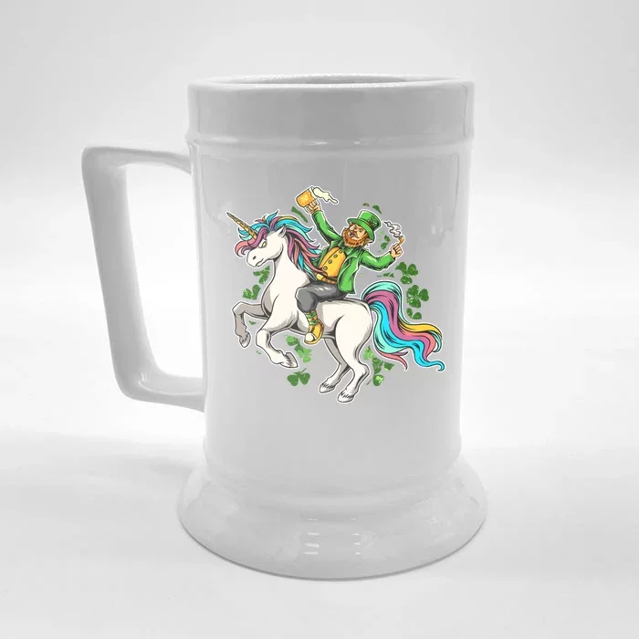 Funny St Patrick's Day Leprechaun Riding Unicorn Front & Back Beer Stein