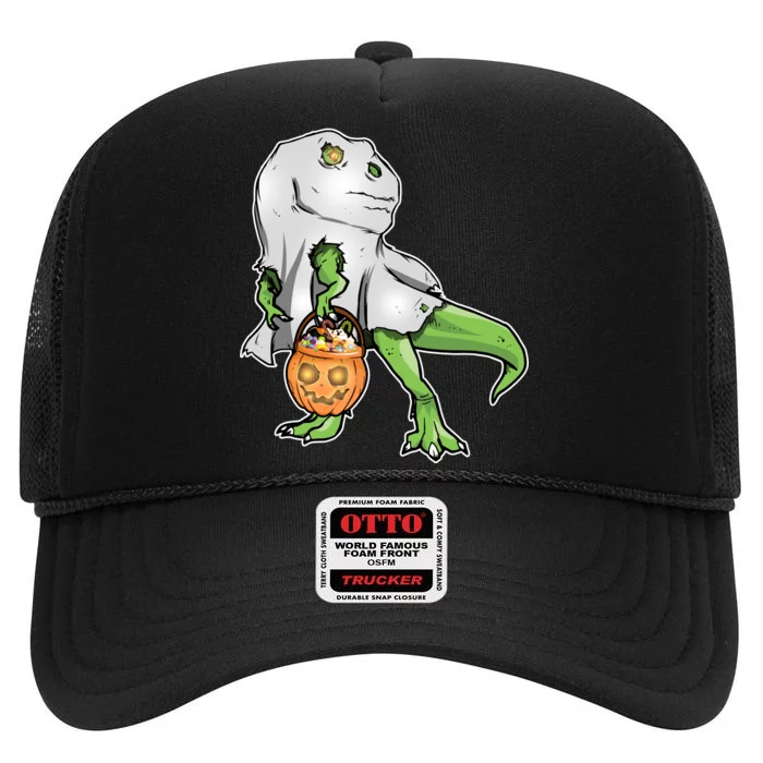 Funny T-Rex Ghost Pumpkin Candy High Crown Mesh Trucker Hat