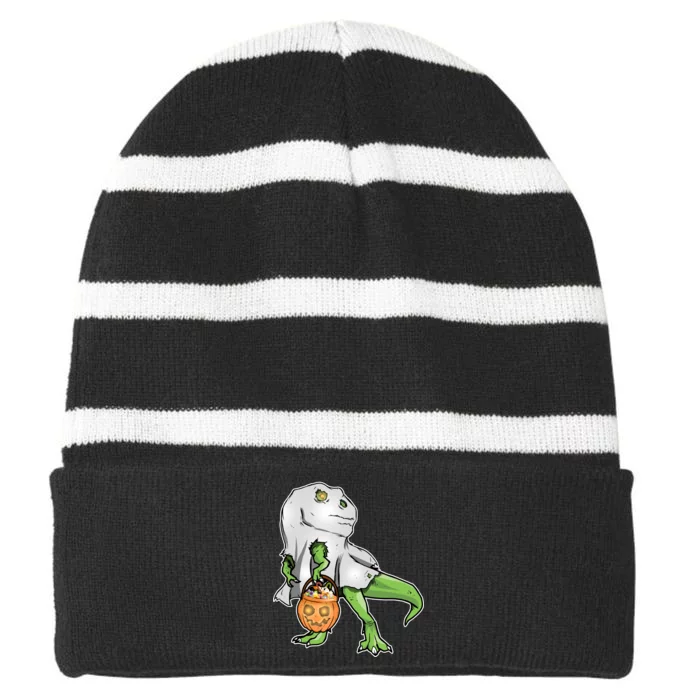 Funny T-Rex Ghost Pumpkin Candy Striped Beanie with Solid Band