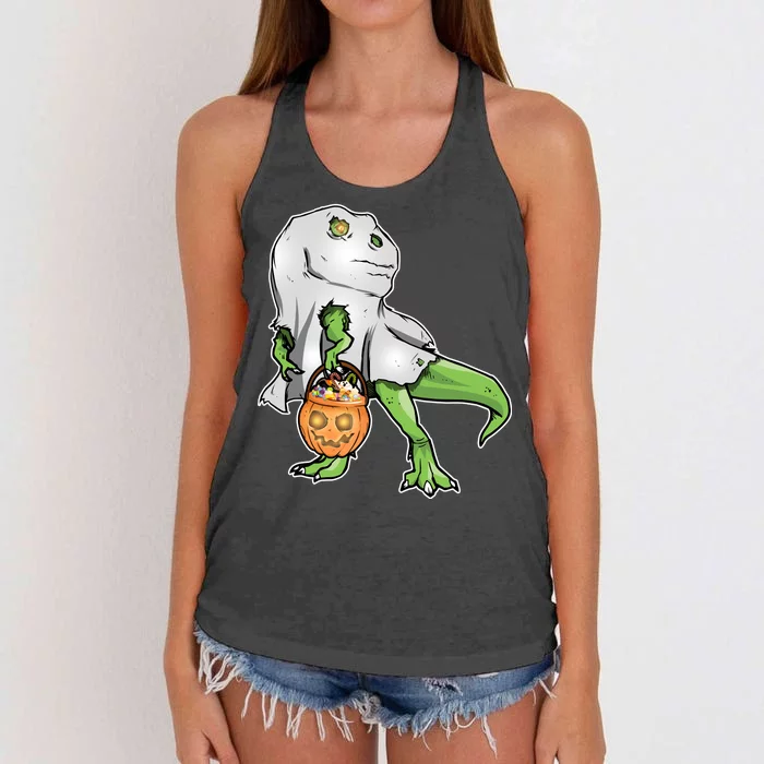 Funny T-Rex Ghost Pumpkin Candy Women's Knotted Racerback Tank