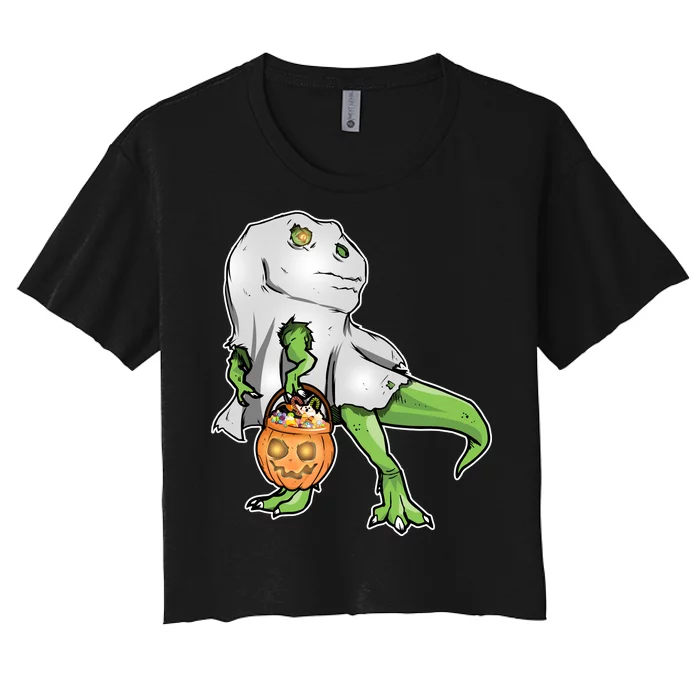 Funny T-Rex Ghost Pumpkin Candy Women's Crop Top Tee