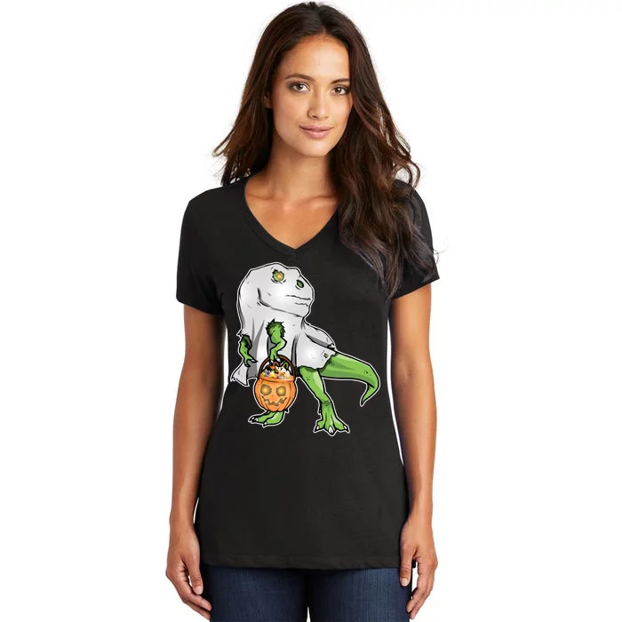 Funny T-Rex Ghost Pumpkin Candy Women's V-Neck T-Shirt