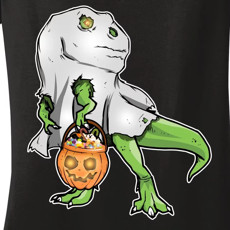 Funny T-Rex Ghost Pumpkin Candy Women's V-Neck T-Shirt