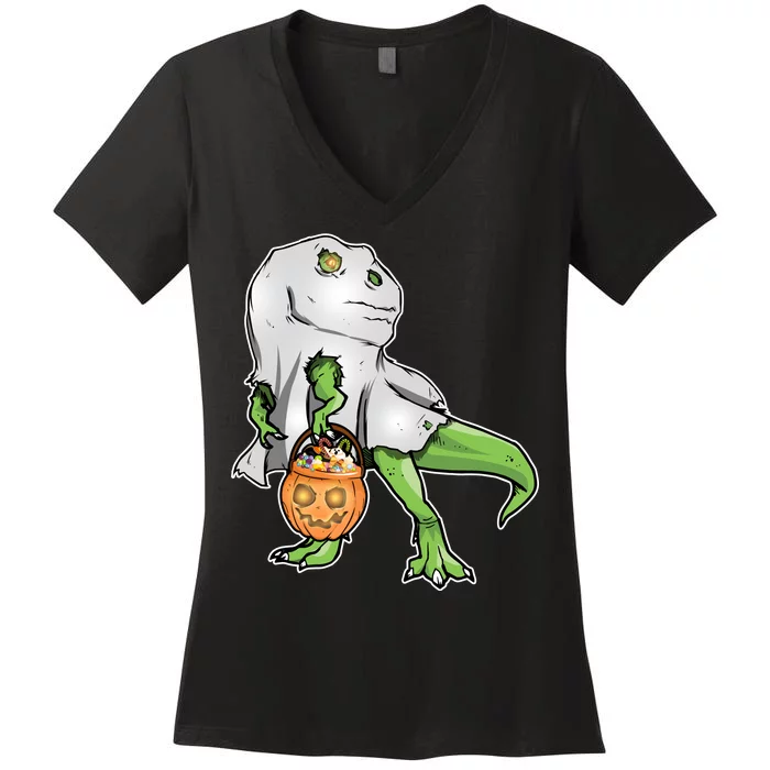 Funny T-Rex Ghost Pumpkin Candy Women's V-Neck T-Shirt