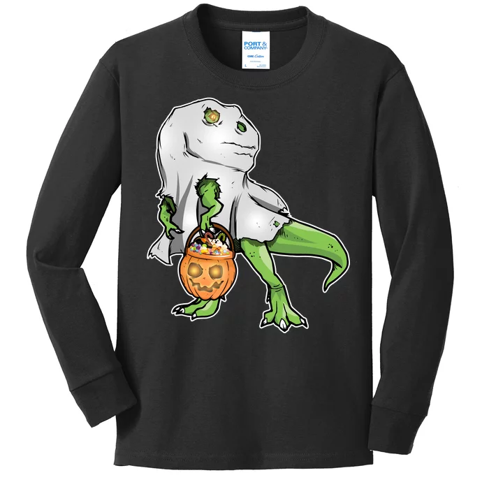 Funny T-Rex Ghost Pumpkin Candy Kids Long Sleeve Shirt