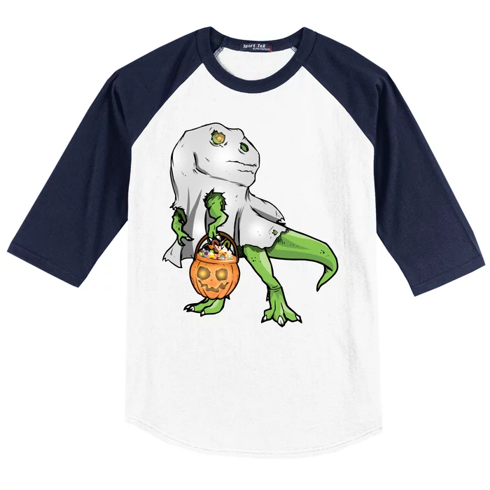 Funny T-Rex Ghost Pumpkin Candy Baseball Sleeve Shirt