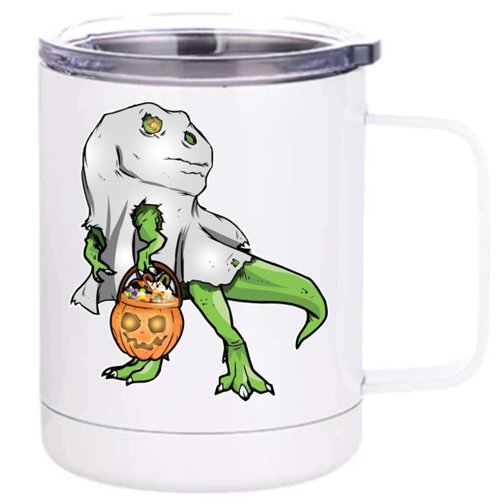 Funny T-Rex Ghost Pumpkin Candy Front & Back 12oz Stainless Steel Tumbler Cup