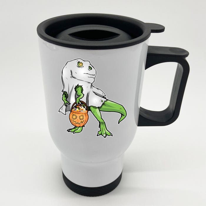 Funny T-Rex Ghost Pumpkin Candy Front & Back Stainless Steel Travel Mug