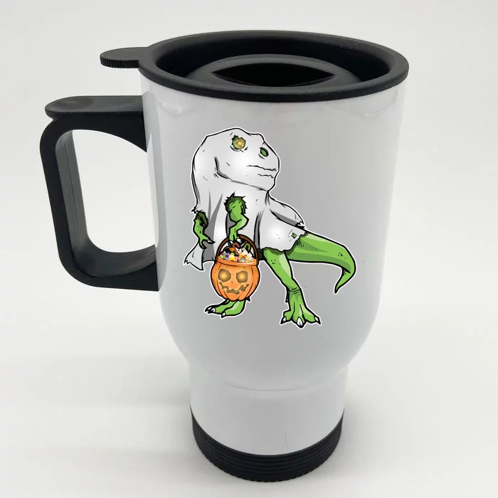 Funny T-Rex Ghost Pumpkin Candy Front & Back Stainless Steel Travel Mug