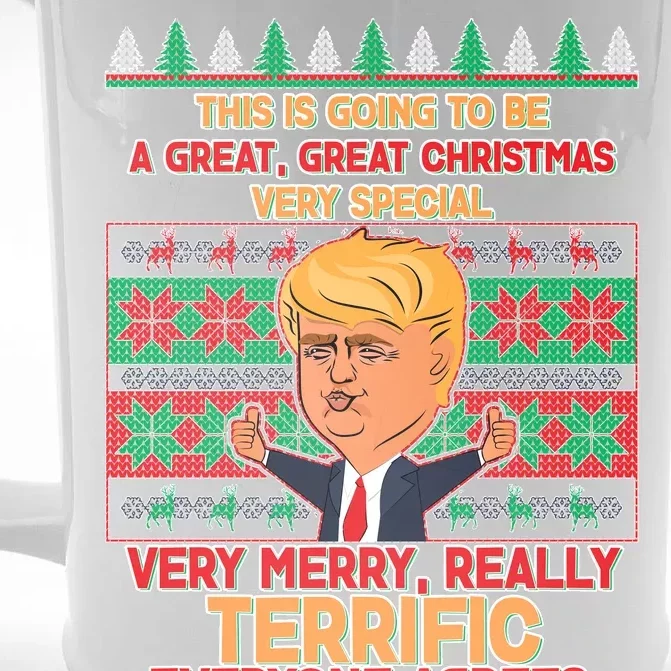 Funny Trump Very Merry Ugly Christmas Sweater Front & Back Beer Stein