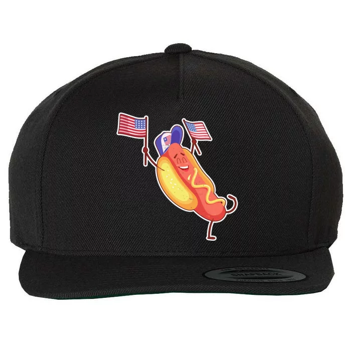 Funny USA American Flag Hotdog Wool Snapback Cap