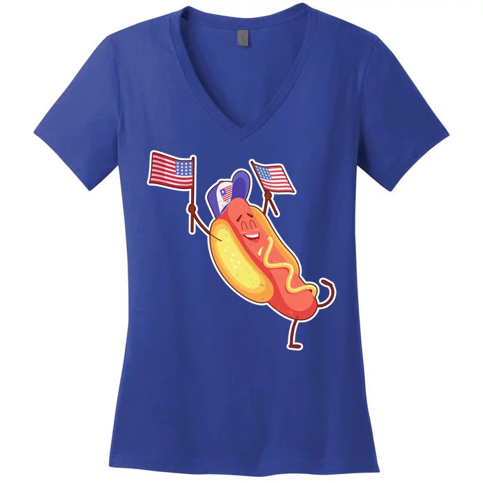 Funny USA American Flag Hotdog Women's V-Neck T-Shirt