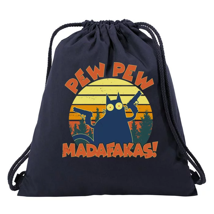 Funny Vintage Pew Pew Madafakas Gun Cat Drawstring Bag