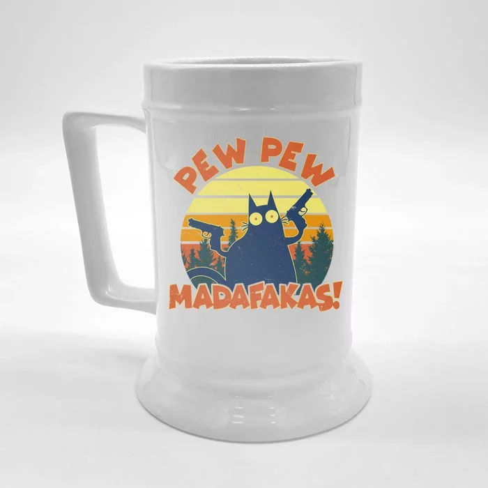 Funny Vintage Pew Pew Madafakas Gun Cat Front & Back Beer Stein