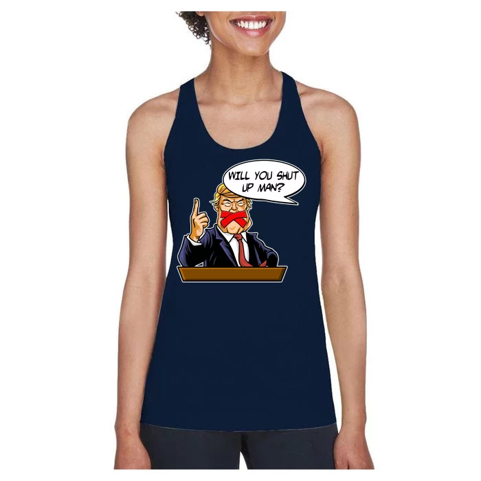 Funny Will You Shut Up Man Biden vs Trump Debate Comic Women's Racerback Tank