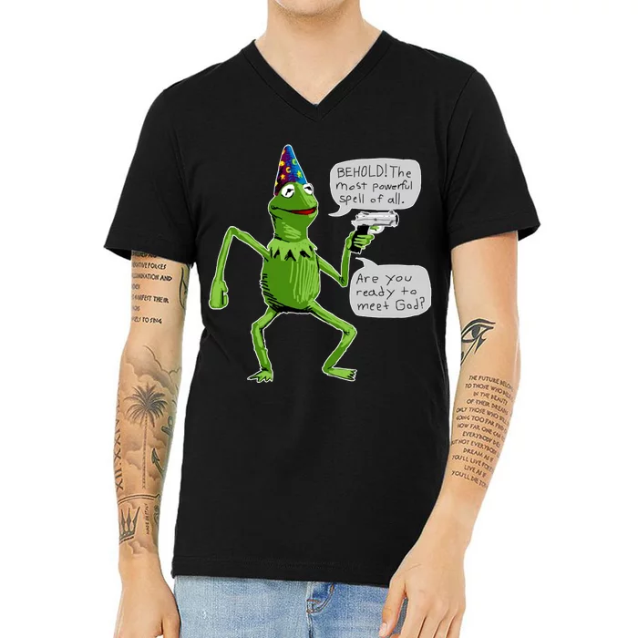 Funny Wizard Kermit Meme V-Neck T-Shirt