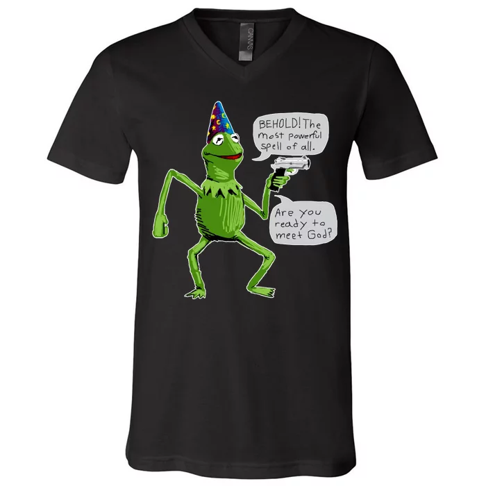 Funny Wizard Kermit Meme V-Neck T-Shirt