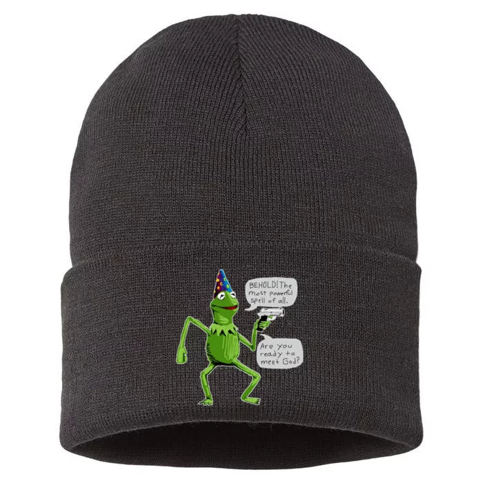 Funny Wizard Kermit Meme Sustainable Knit Beanie