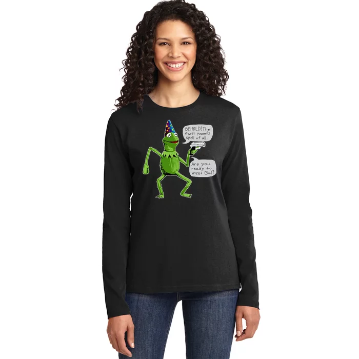 Funny Wizard Kermit Meme Ladies Long Sleeve Shirt