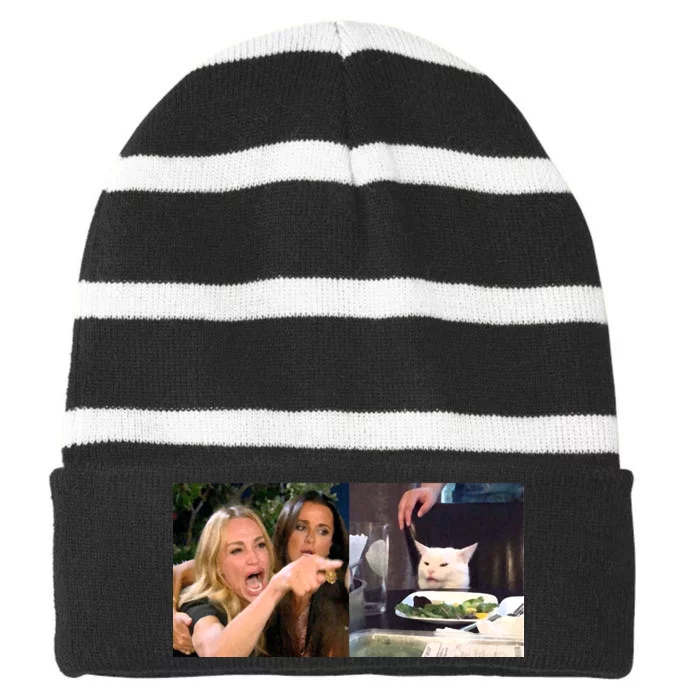 Funny Woman Yelling At Cat Meme Striped Beanie with Solid Band