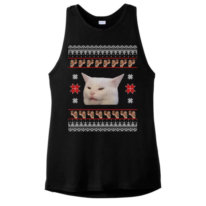 Funny Woman Yelling At Cat Meme Ugly Christmas Ladies Tri-Blend Wicking Tank