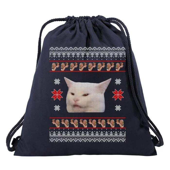 Funny Woman Yelling At Cat Meme Ugly Christmas Drawstring Bag