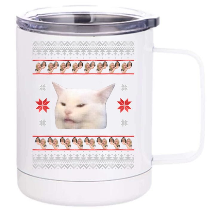 Funny Woman Yelling At Cat Meme Ugly Christmas Front & Back 12oz Stainless Steel Tumbler Cup