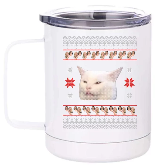 Funny Woman Yelling At Cat Meme Ugly Christmas Front & Back 12oz Stainless Steel Tumbler Cup