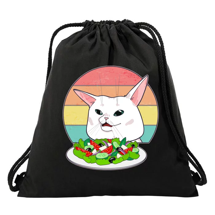 Funny Woman Yelling at Table Cat Meme Drawstring Bag