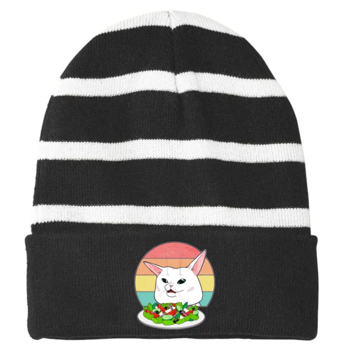 Funny Woman Yelling at Table Cat Meme Striped Beanie with Solid Band