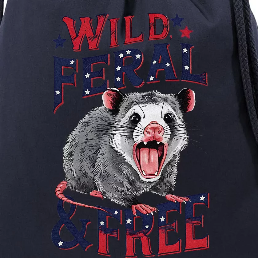 Funny Unhinged Opossum Wild Feral & Free Possum 4th Of July Drawstring Bag