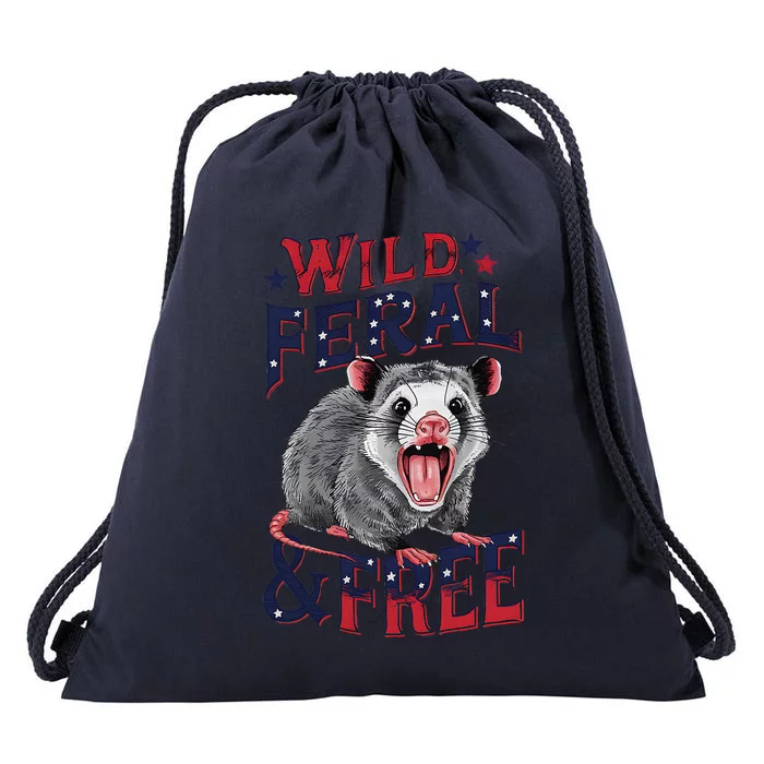 Funny Unhinged Opossum Wild Feral & Free Possum 4th Of July Drawstring Bag