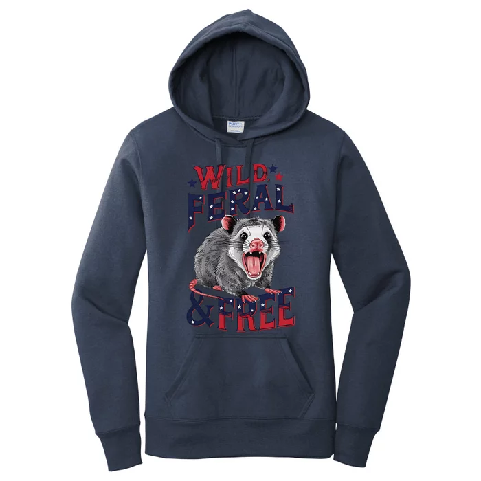 Funny Unhinged Opossum Wild Feral & Free Possum 4th Of July Women's Pullover Hoodie