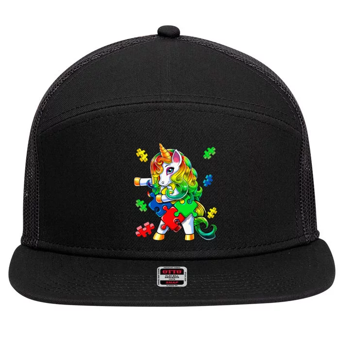 Flossing Unicorn Puzzle Piece Gift for Autism Awareness 7 Panel Mesh Trucker Snapback Hat