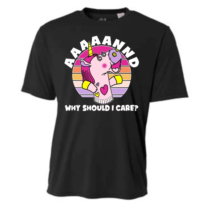 Funny Unicorn Puppet Aaaaand Why Should I Care Cooling Performance Crew T-Shirt